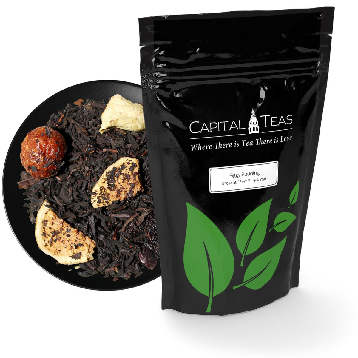 Figgy Pudding Tea loose leaf tea and packaging